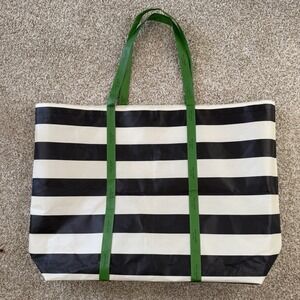 Kate Spade Oversized Reusable Black And White Stripe Green Handle Shopper Bag